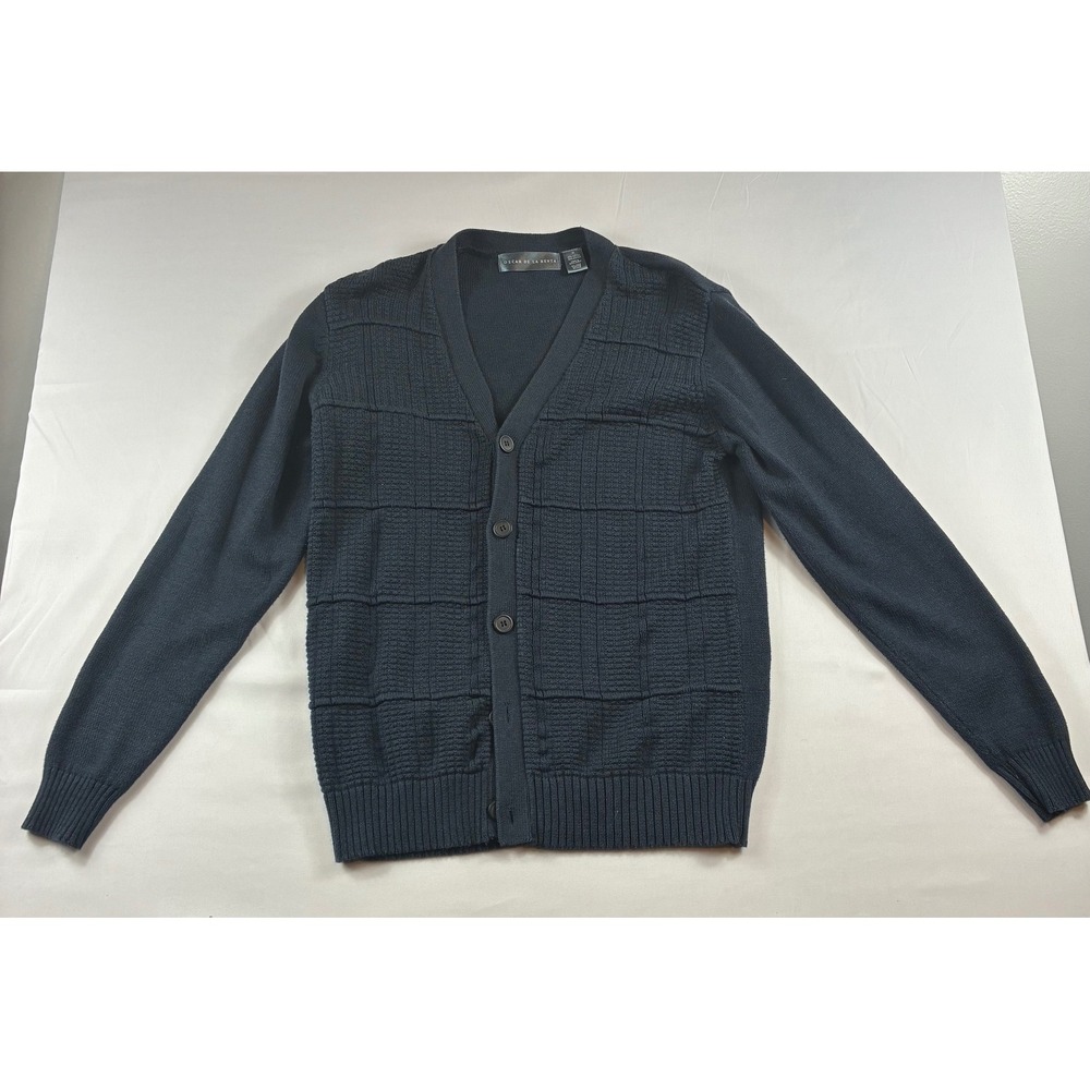 Oscar de la Renta Cardigan Sweater Mens Medium Navy Blue Textured Knit V-Neck